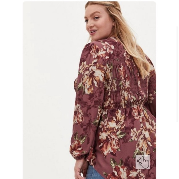 Torrid Babydoll Twill Smocked Button-Front Tunic Top Walnut Floral Size 00/10 - Picture 2 of 5